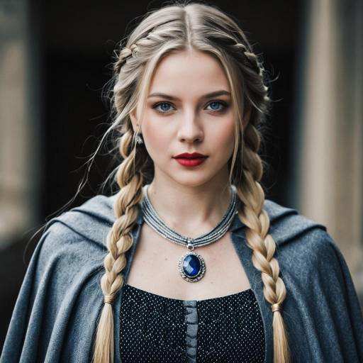 Blonde Woman with Twin Braids and Blue Pendant Necklace