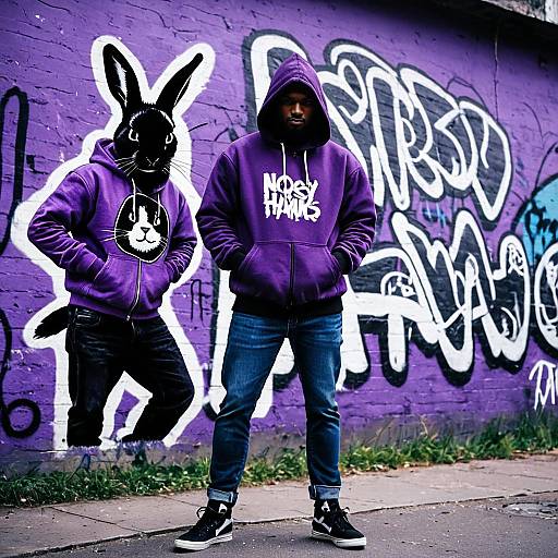 Man in Purple Hoodie Standing by Graffiti Wall