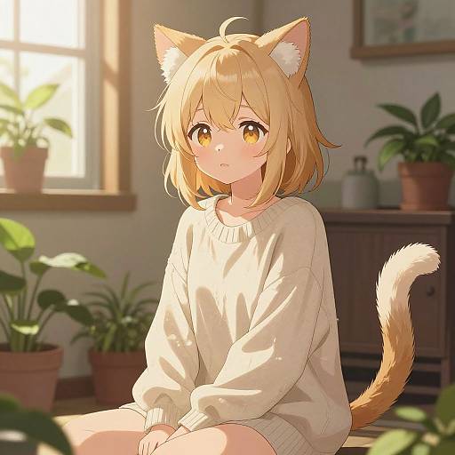 Anime-style digital illustration of a blonde catgirl with yellow eyes, wearing a white sweater, sitting in a sunlit room with potted plants.