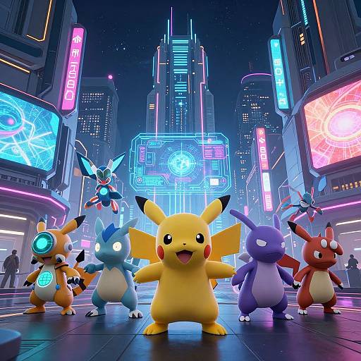 Digital art: Neon-lit futuristic city street featuring Pikachu and six Pokémon (Cyndaquil, Totodile, Plusle, Minun, Umb