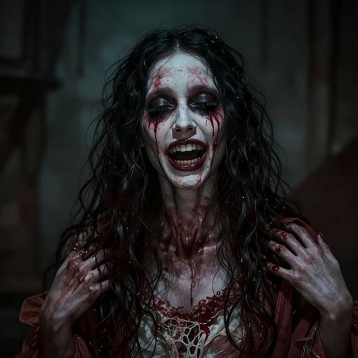 Photograph of a blood-streaked, pale-skinned woman with long, wet, dark hair, laughing maniacally, wearing a bloody,