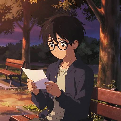Anime-style illustration of a young man with black hair, glasses, and a navy jacket, reading a letter in a park at dusk.