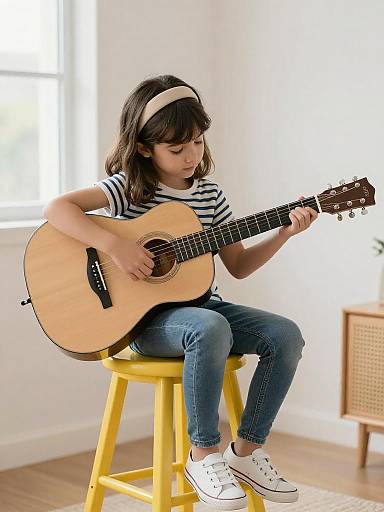 Young Girl Playing Acoustic Guitar Indoors