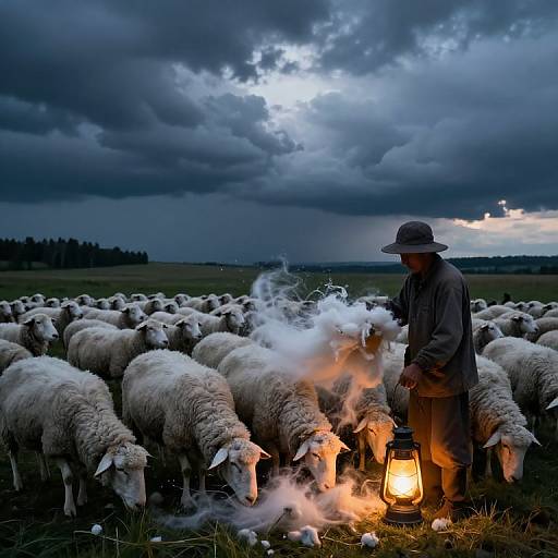 Photograph: Shepherd in dark coat and hat lights lantern, surrounded by smoke, standing among a flock of white sheep under stormy, twilight sky.