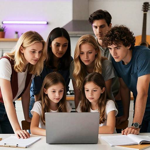 Family Gathered Around Laptop in Kitchen