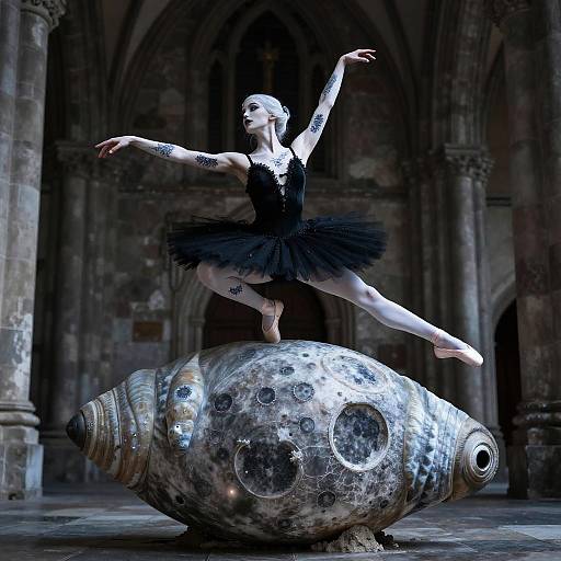 CGI image of a tattooed ballerina in a black tutu, balancing on a large, metallic, ornate fish sculpture in a go