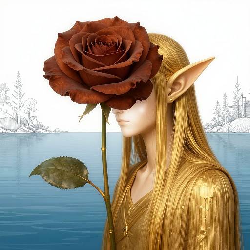 Digital artwork of a blonde, elf-like woman with pointed ears, holding a large, red rose over her face, standing by a blue lake.