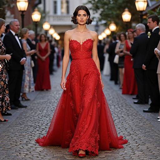 Photograph of a beautiful woman with dark hair in an elegant, strapless red lace gown, walking down a cobblestone street at a formal evening