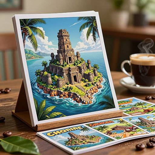 Photograph of a vibrant, detailed card depicting a tropical island with ancient ruins, displayed on a wooden stand, surrounded by coffee, scattered coffee beans,