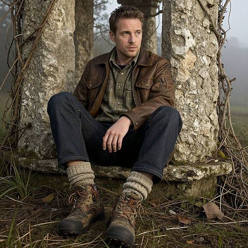 Photograph of a serious-looking man with short brown hair, wearing a brown leather jacket, plaid shirt, and blue jeans, sitting against a tree