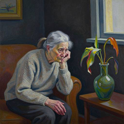 Oil painting of an elderly woman with white hair, wearing a gray sweater, resting her head on her hand, gazing at a colorful plant in a
