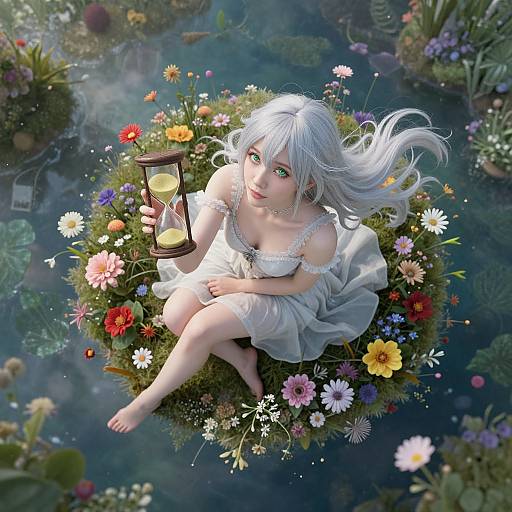 Digital illustration of a white-haired girl with green eyes, sitting on a floating floral island in a misty pond, holding a lantern. Vibrant flowers