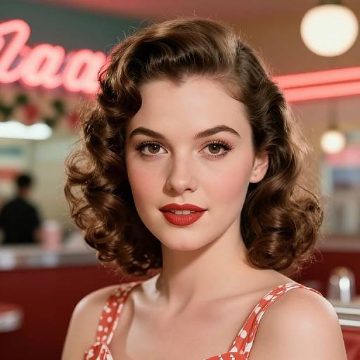 Photorealistic digital portrait of a fair-skinned, brown-haired woman with vintage curled hair, red lipstick, and polka dot dress, set in