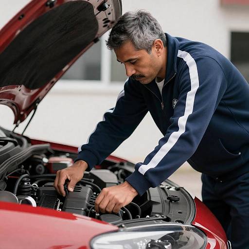 Focused Mechanic Working on Red Car