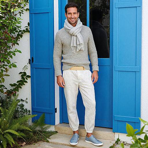 Photograph of a smiling man with dark hair, wearing a gray knit sweater, white scarf, white pants, gray shoes, standing in front of a