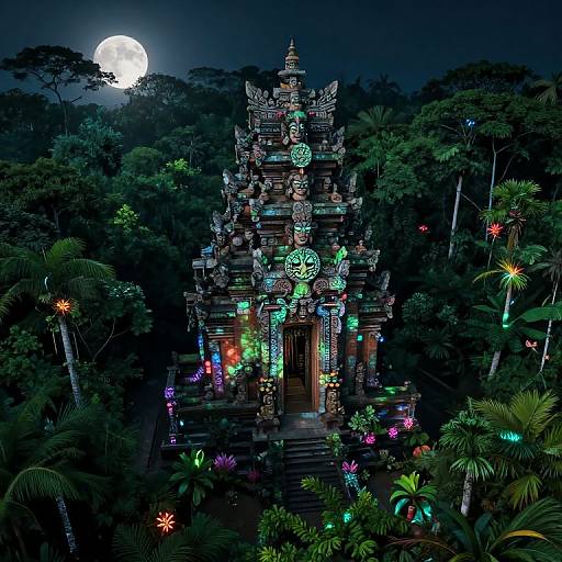 Photograph of a brightly illuminated, ancient Hindu temple in a dense, tropical jungle under a full moon. Multicolored lights and intricate carvings