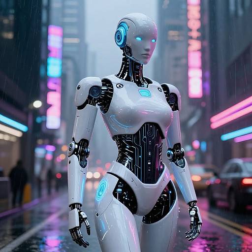 Futuristic Humanoid Robot in Cyberpunk City