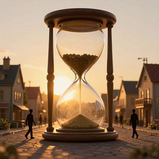 Photograph of a giant hourglass at sunset in a quaint village, with two silhouetted men walking on either side.