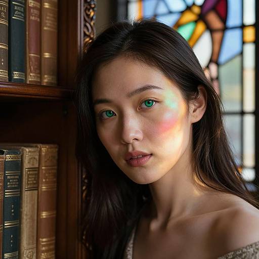 Photograph of an Asian woman with long black hair, green eyes, and fair skin, standing in a library with stained glass light, surrounded by old