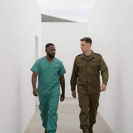 Two Men Walking in White Corridor