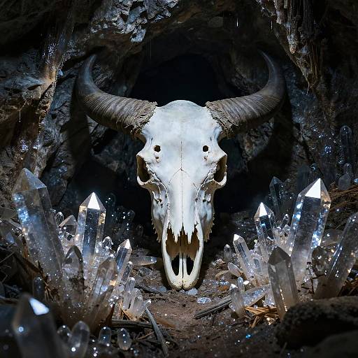 Surreal Crystal Cave with Bison Skull