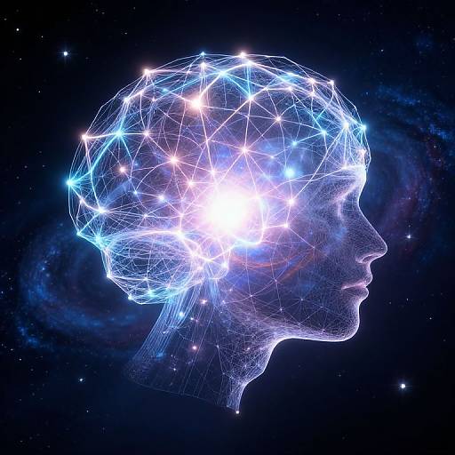 Digital artwork of a glowing blue wireframe human head profile against a dark starry space background, highlighting interconnected neural nodes.