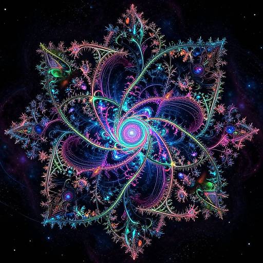 Neon digital art of a vibrant, multi-colored, swirling galaxy with intricate, glowing patterns and star-like dots set against a black cosmic background.