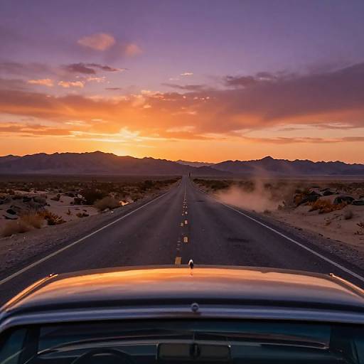 Photograph of a desert road stretching into the horizon at sunset, with a car's hood in the foreground, orange sky, and mountains in the distance