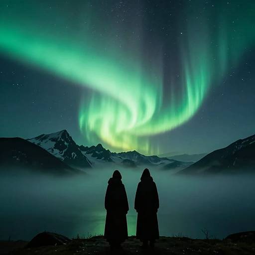 Photograph of two silhouetted figures standing in front of a mesmerizing green and yellow aurora borealis over a mountainous, foggy