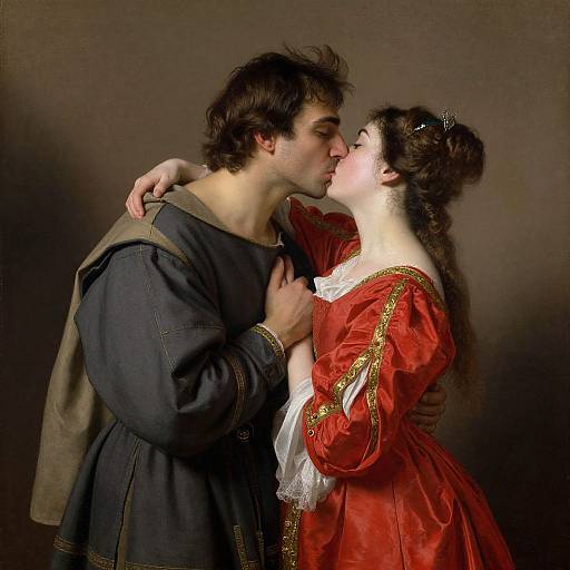Photograph of a young couple in period attire; he wears a dark tunic, she wears a red, gold-trimmed dress, kissing passionately