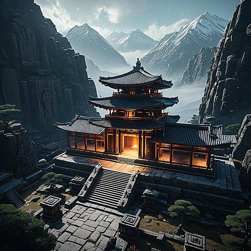 Ancient Japanese Temple in Misty Mountain Valley