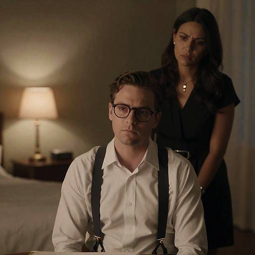 Serious Duo in Dimly Lit Room