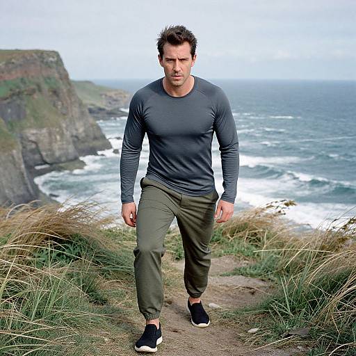 Photograph of a muscular, dark-haired man in a gray long-sleeve shirt and olive pants, walking on a coastal cliff path with grassy