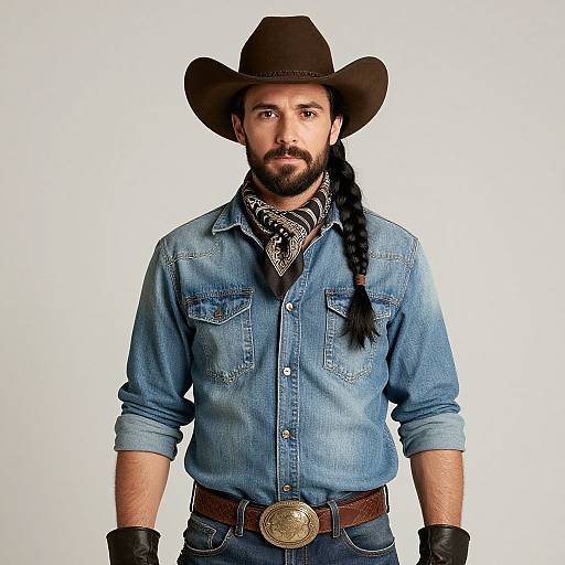Photograph of a bearded man with medium skin tone, black hair in a braid, wearing a brown cowboy hat, blue denim shirt, pattern