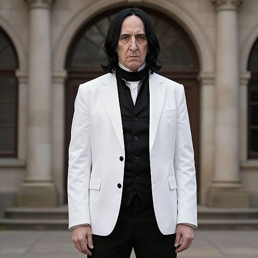 Photograph of a middle-aged man with long black hair, pale skin, and serious expression, wearing a white tuxedo over a black vest and