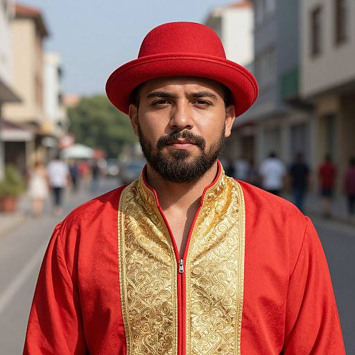 Bearded Man in Vibrant Red Attire