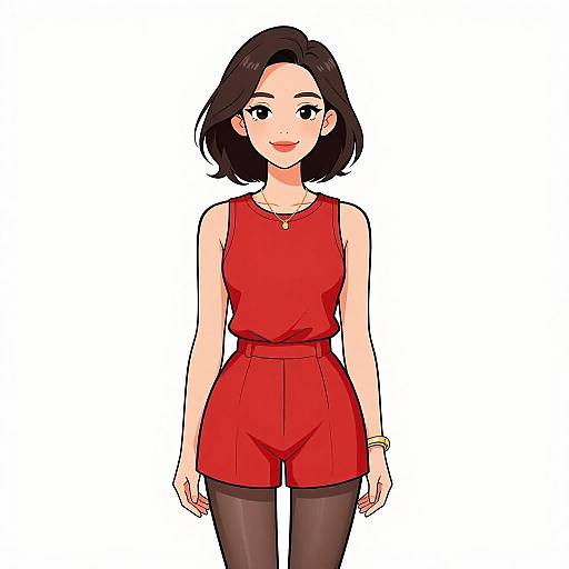 Digital anime-style drawing of a smiling young woman with shoulder-length black hair, wearing a red sleeveless top and matching high-waisted shorts, black