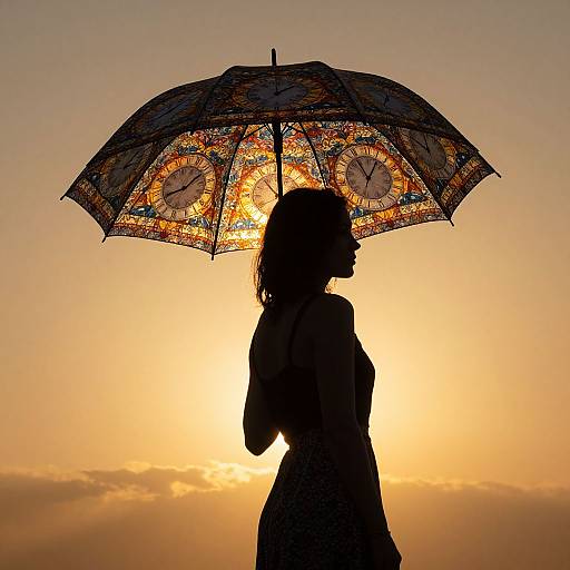 Silhouetted woman holding colorful, patterned umbrella against a golden sunset. Her profile is in shadow, highlighting the vibrant umbrella and bright sky.