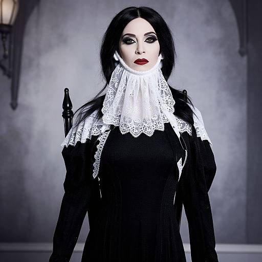 Gothic woman with pale skin, black dress, white lace collar, red lipstick, and dark hair, standing against a dimly lit, gray