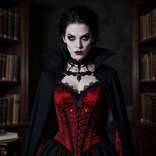 Gothic vampire woman with white face, black hair, red lace corset, black lace choker, and cape, standing in a dimly