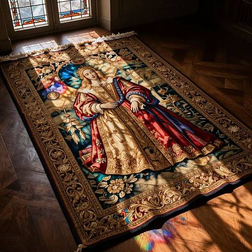 Photograph of a detailed, colorful religious tapestry depicting two robed figures in golden and red garments, illuminated by sunlight through a window, on a