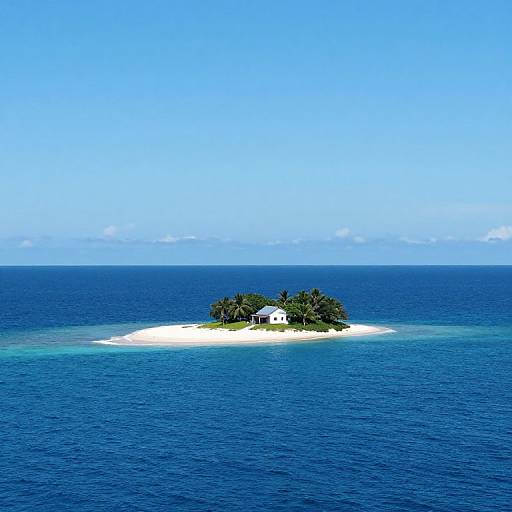 Isolated island with small white house and green palm trees, surrounded by vibrant blue ocean and clear sky, photographed from above.
