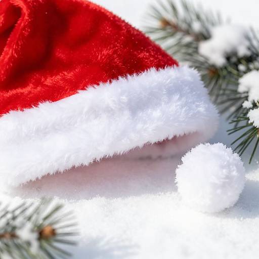 Photograph of a red Santa hat with white fur trim, partially covering green pine branches with snow, creating a festive Christmas scene.
