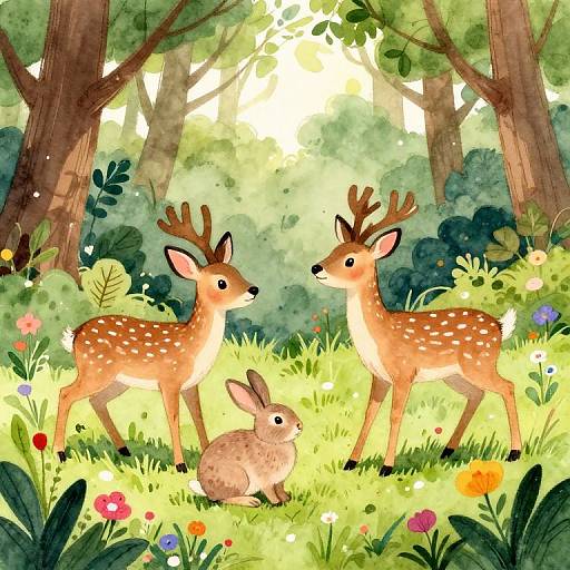 Watercolor illustration of two spotted deer and a bunny in a sunlit forest clearing with colorful flowers and lush greenery.