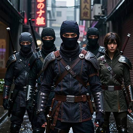 Photograph-style digital art of four masked ninjas in black gear with armor, and a female ninja in green, standing in a rainy urban alley with