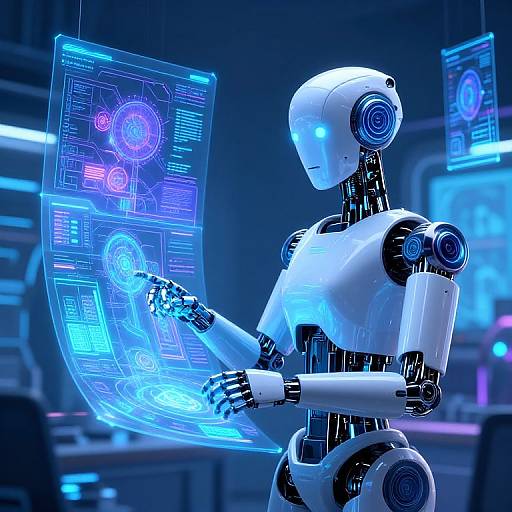 Photograph of a white, futuristic robot with blue glowing eyes and joints, interacting with a holographic blue interface screen in a high-tech, neon-l