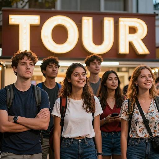 Joyful Group Under Tour Sign