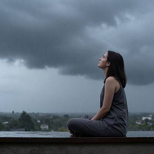 Photograph of a young woman with wet black hair, wearing a gray tank top and pants, sitting on a wet rooftop, gazing upwards at a