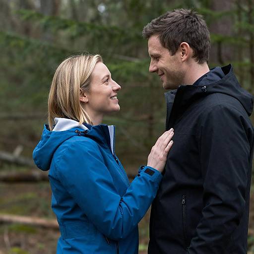 Photograph of a smiling blonde woman in a blue jacket gently touching the chest of a smiling dark-haired man in a black jacket, standing in a forest