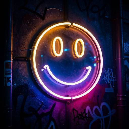 Neon Smiley Sign in Cyberpunk Alley